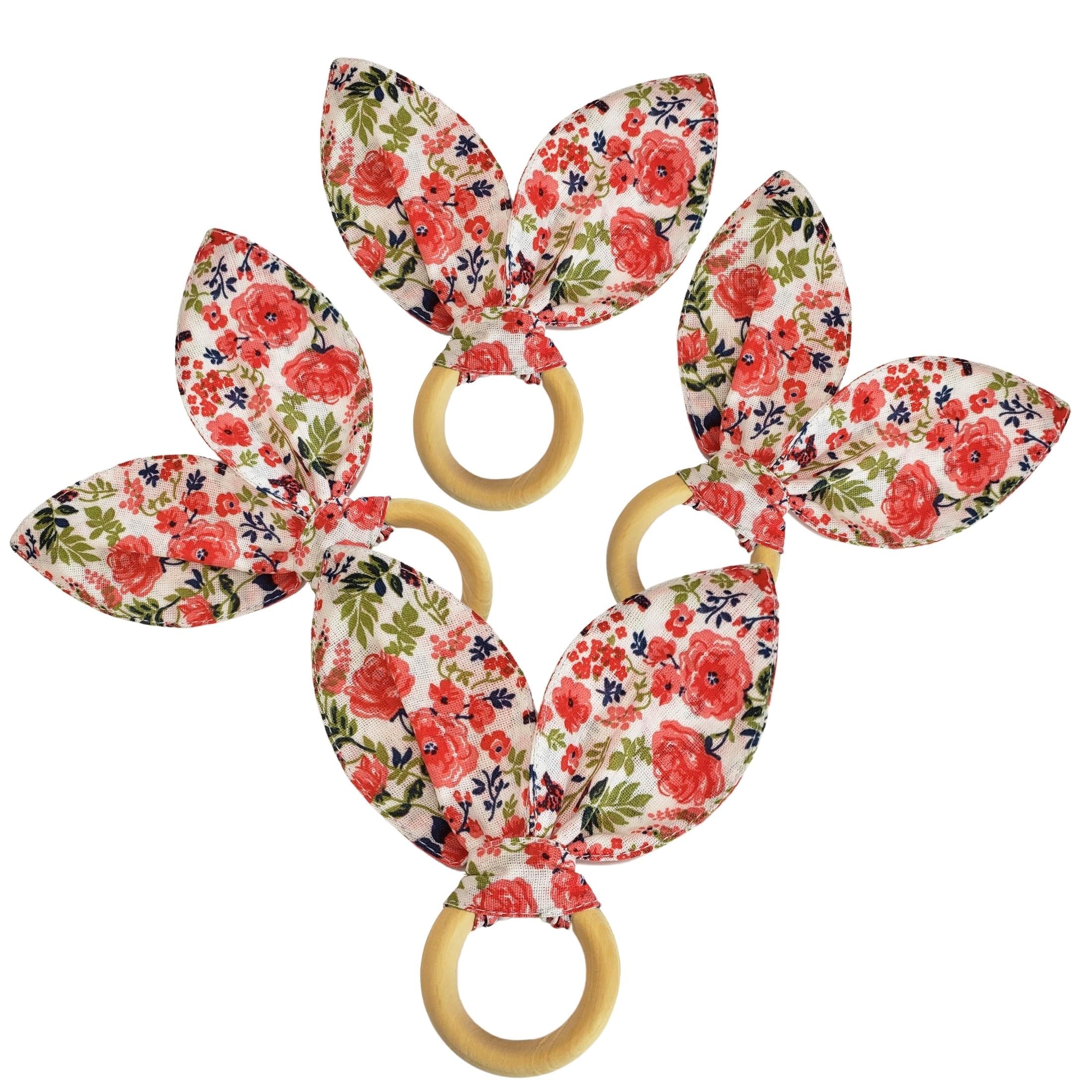 Maison Charlo | Easter Set of 4 Floral Red Rose Lilac Bunny Ears Napkin Rings | Dining Table Decor