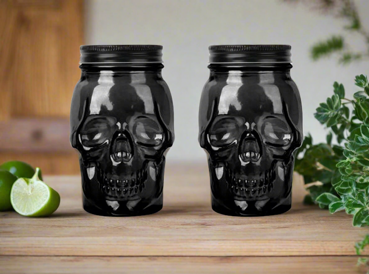 Skull Mason Jar with Lid, 4-Piece Set (2 skull Mason Jars & 2 Lids) 16oz, Black