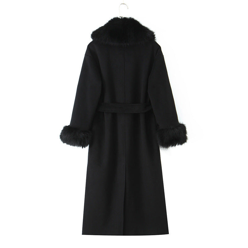 Big Fur Collar Belt Wool Coat Long Jacket