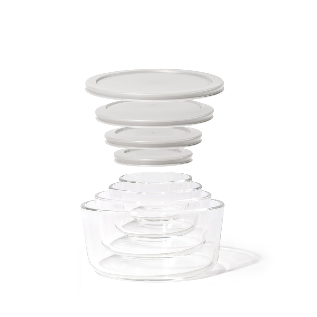 Glass Food Storage Containers - 8 Piece (4 Containers + 4 Lids) Round Nesting Space-Saving Set