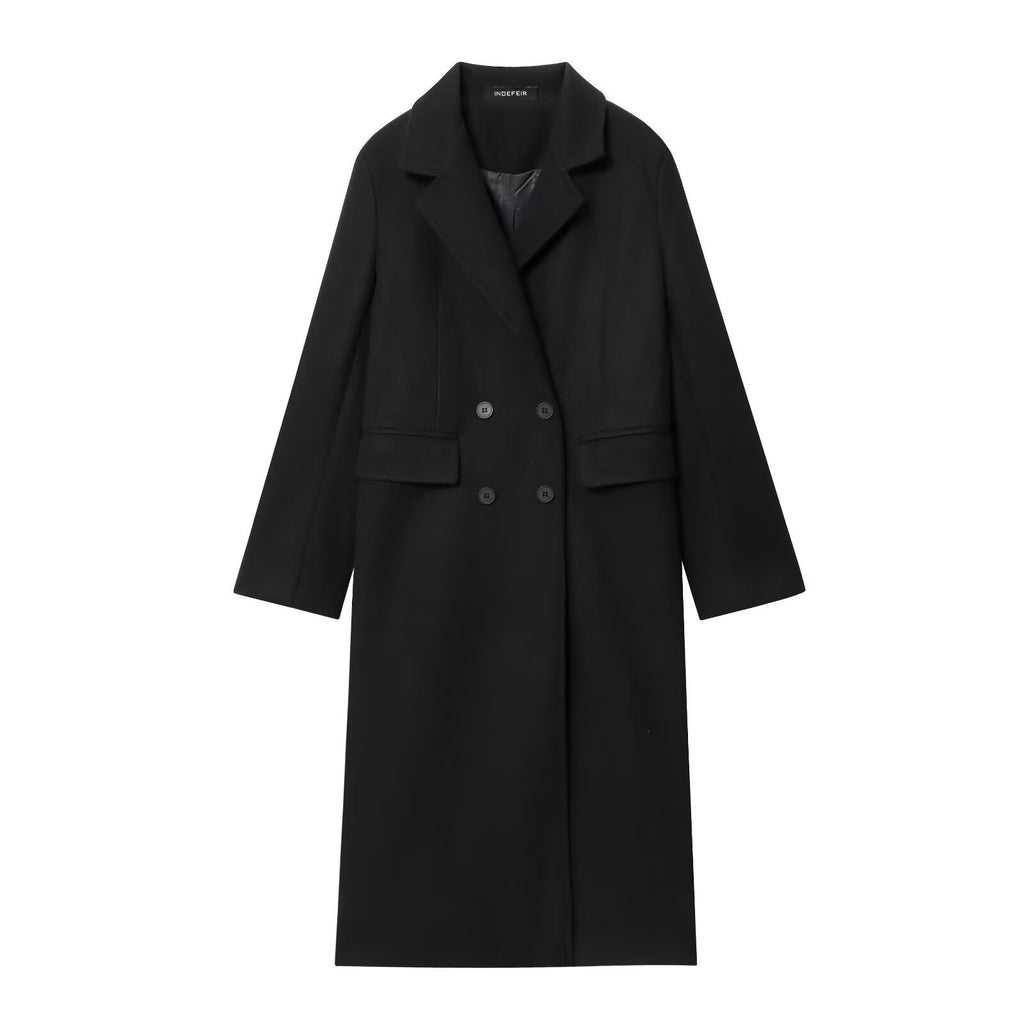 Fashionable Temperamental All-match Blended Double-breasted Long Lapel Coat Jacket