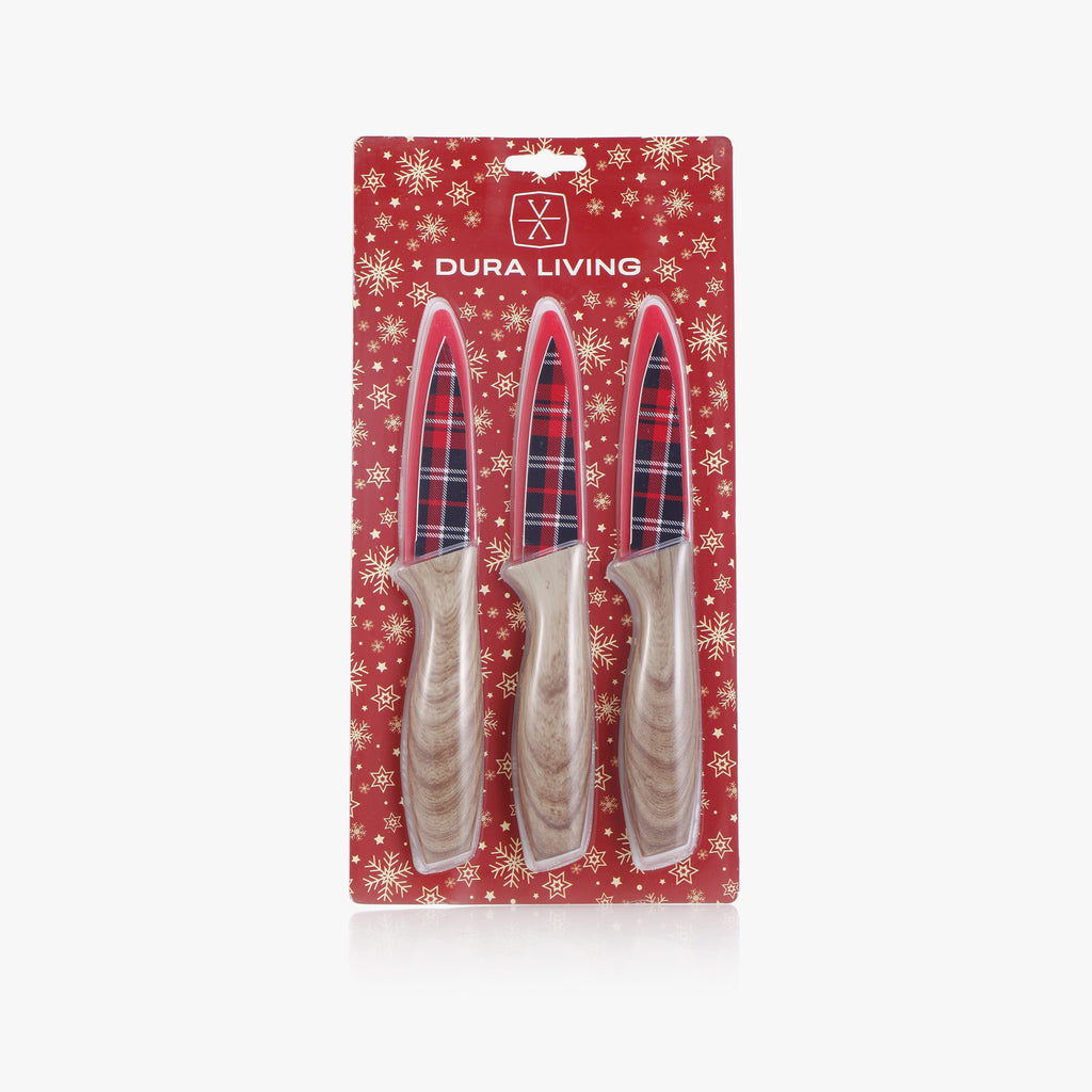 3-Piece Festive Holiday Paring Knife Set with Blade Guards, Gingham