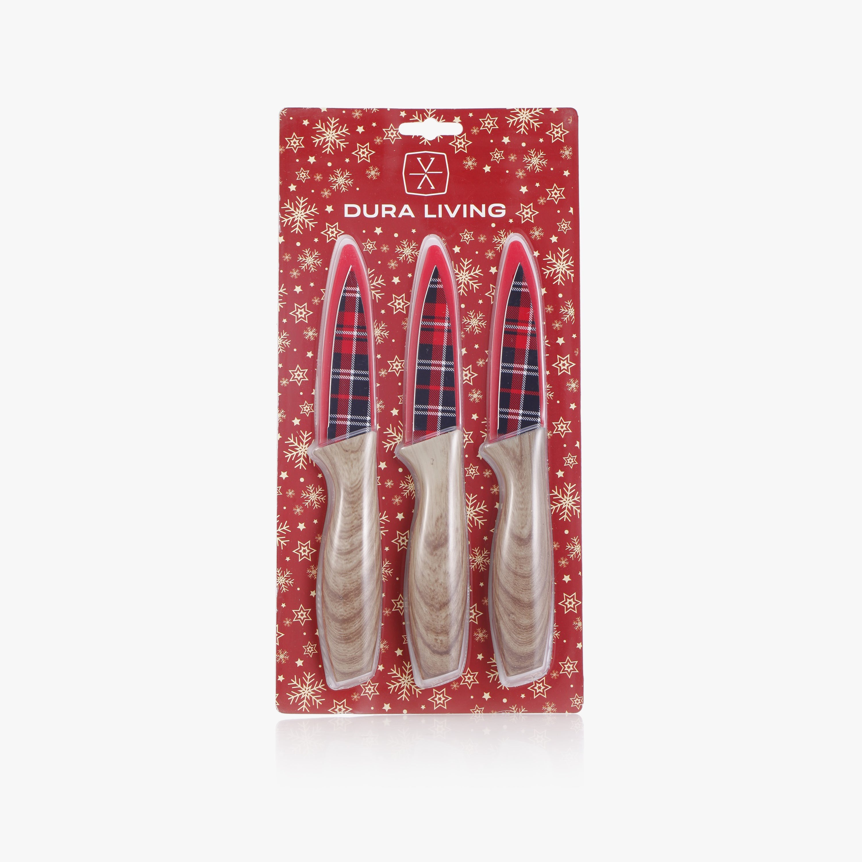 3-Piece Festive Holiday Paring Knife Set with Blade Guards, Gingham