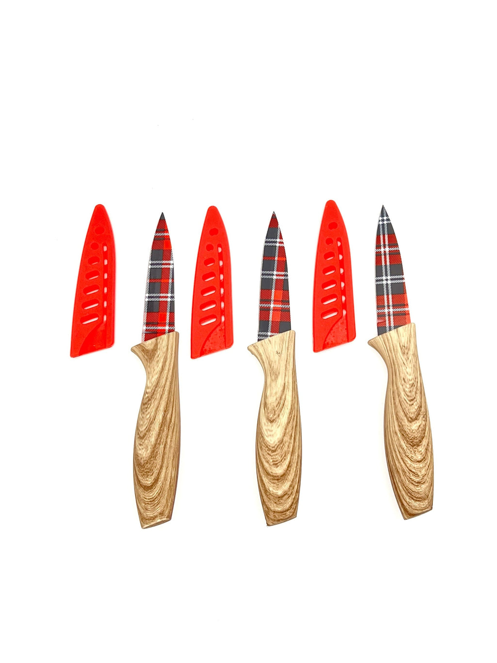 3-Piece Festive Holiday Paring Knife Set with Blade Guards, Gingham