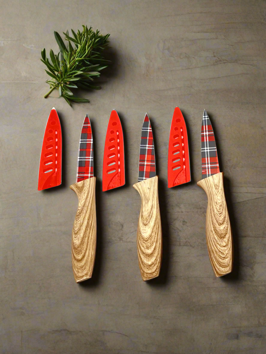 3-Piece Festive Holiday Paring Knife Set with Blade Guards, Gingham