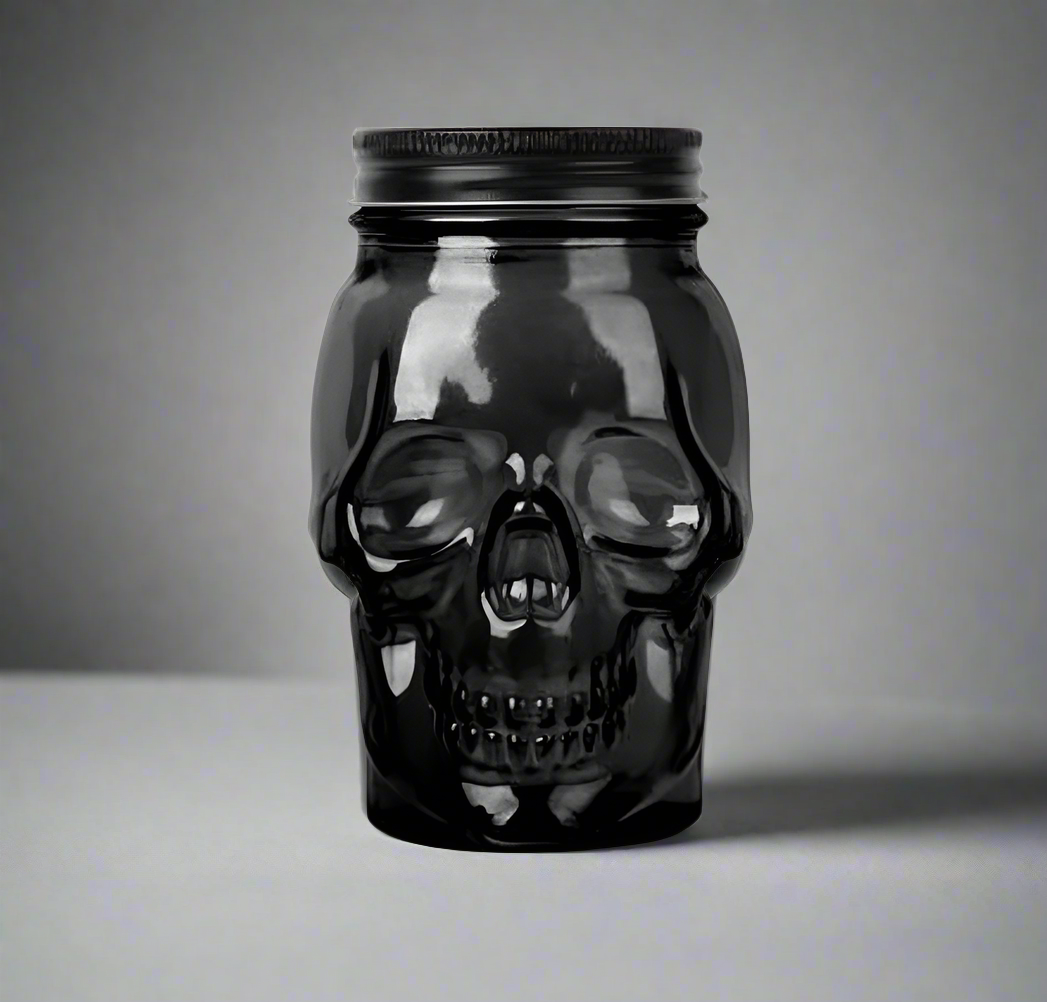 Skull Mason Jar with Lid, 4-Piece Set (2 skull Mason Jars & 2 Lids) 16oz, Black